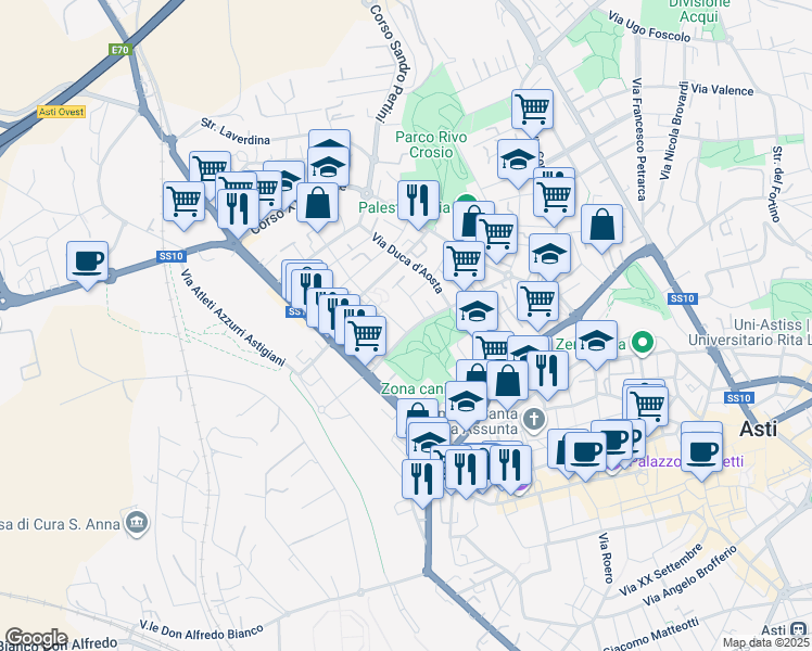 map of restaurants, bars, coffee shops, grocery stores, and more near 1 Via Morando Silvio in Asti