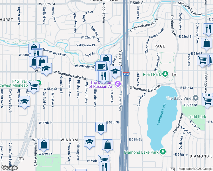 map of restaurants, bars, coffee shops, grocery stores, and more near 6 East Diamond Lake Road in Minneapolis