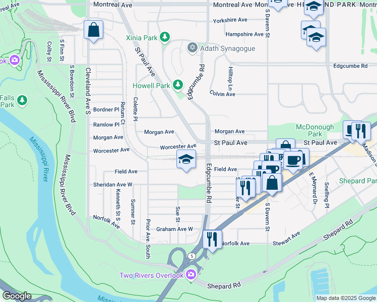 map of restaurants, bars, coffee shops, grocery stores, and more near 1275 Saint Paul Avenue in Saint Paul