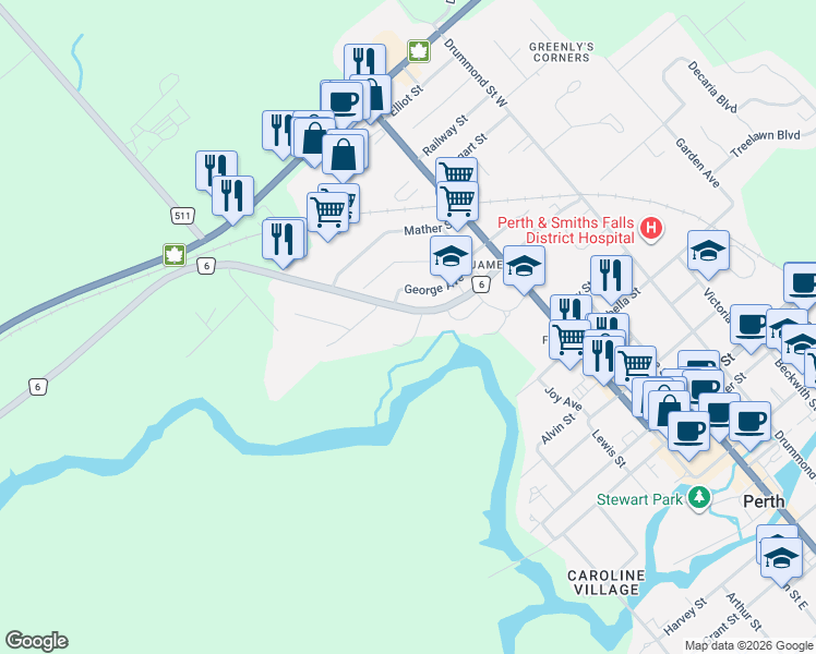 map of restaurants, bars, coffee shops, grocery stores, and more near 15 Sunset Boulevard in Perth