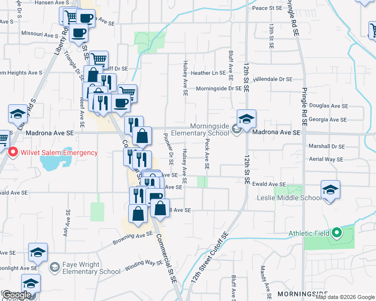 map of restaurants, bars, coffee shops, grocery stores, and more near 3566 Hulsey Avenue Southeast in Salem