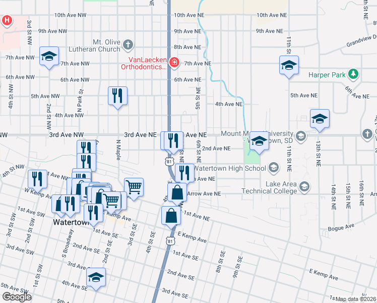 map of restaurants, bars, coffee shops, grocery stores, and more near 200 5th Street Northeast in Watertown