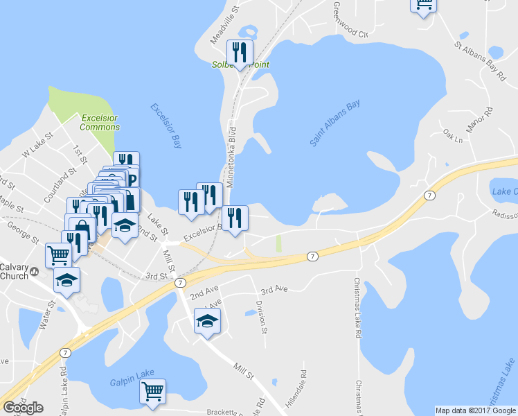 map of restaurants, bars, coffee shops, grocery stores, and more near 805 Hidden Lane in Excelsior