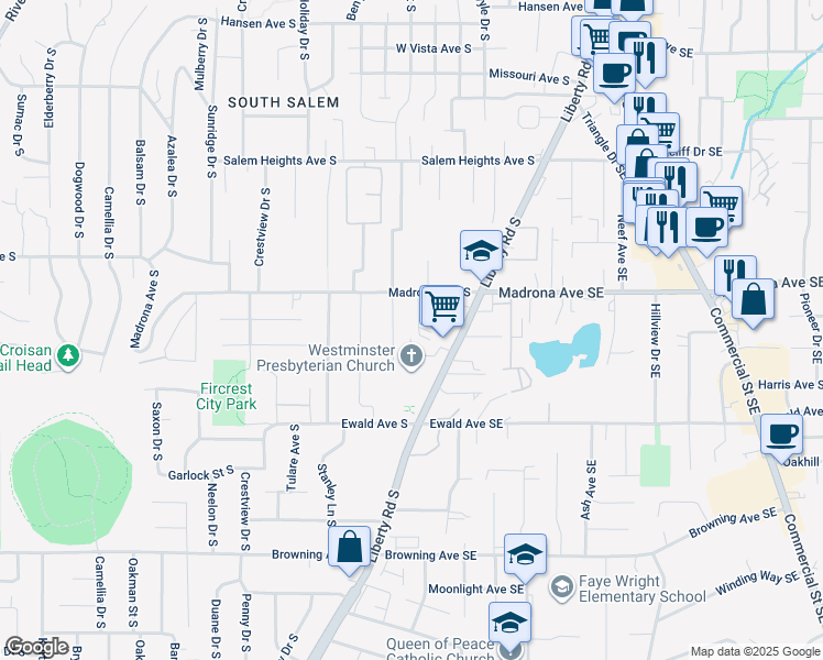 map of restaurants, bars, coffee shops, grocery stores, and more near 3580 Belle Vista Court South in Salem
