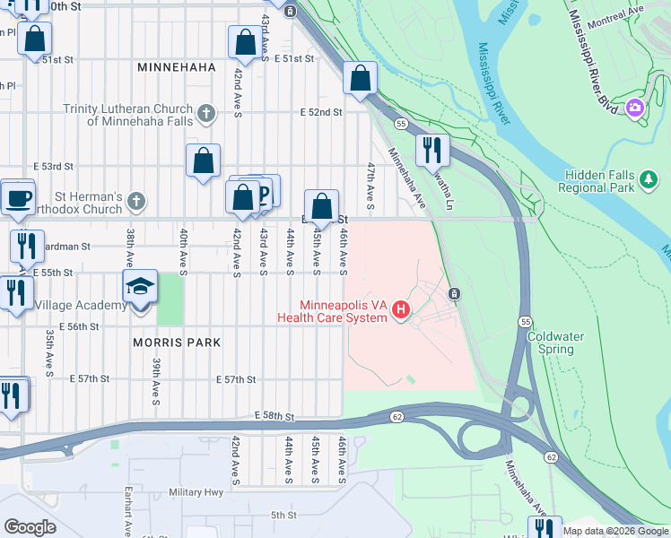 map of restaurants, bars, coffee shops, grocery stores, and more near 5445 45th Avenue South in Minneapolis