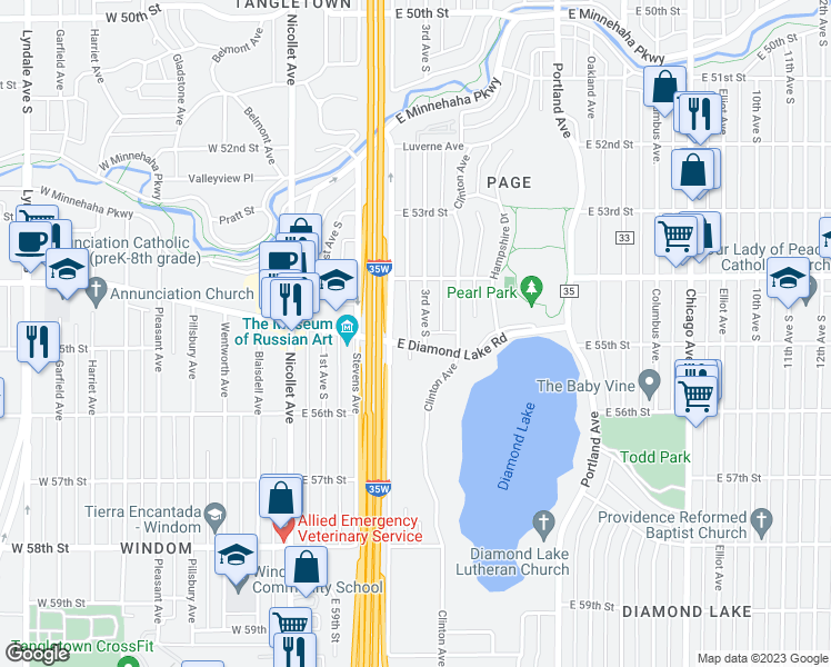 map of restaurants, bars, coffee shops, grocery stores, and more near 5428 3rd Avenue South in Minneapolis