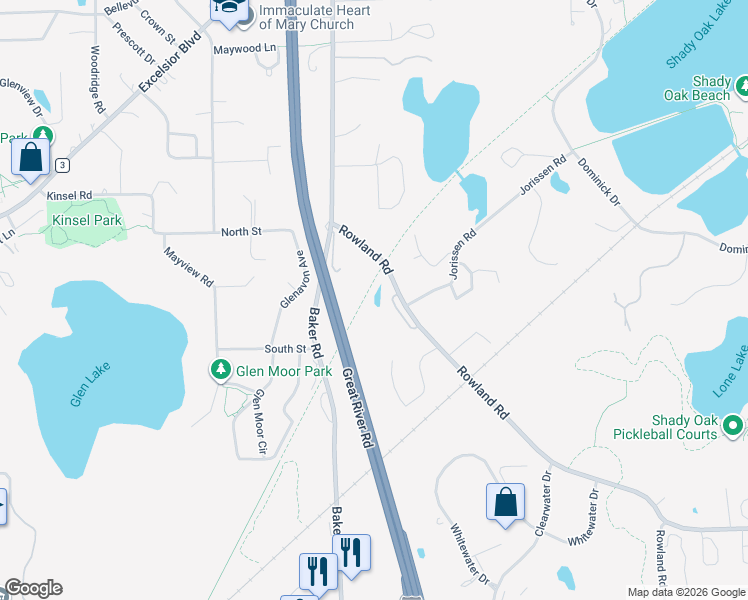 map of restaurants, bars, coffee shops, grocery stores, and more near 5500 Rowland Road in Hopkins
