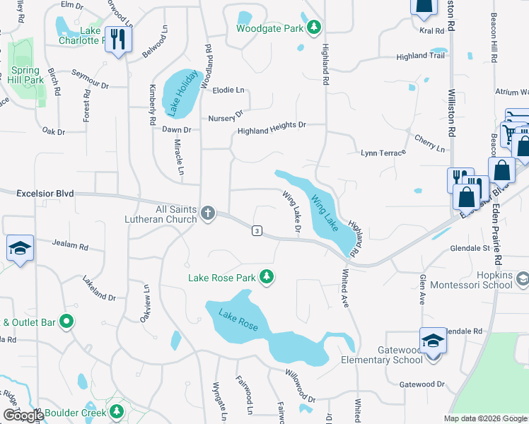 map of restaurants, bars, coffee shops, grocery stores, and more near 5511 Wingwood Court in Minnetonka