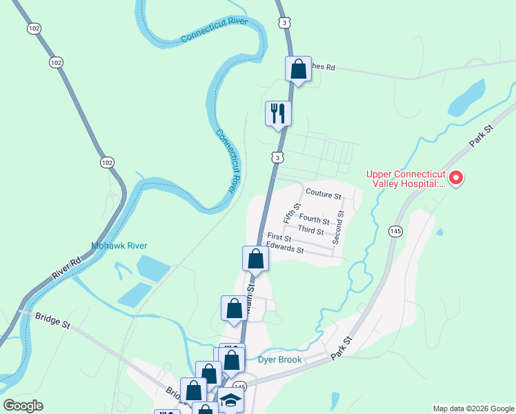 map of restaurants, bars, coffee shops, grocery stores, and more near 257 Main Street in Colebrook