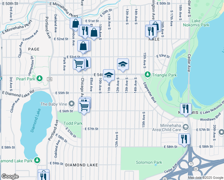 map of restaurants, bars, coffee shops, grocery stores, and more near 5435 11th Avenue South in Minneapolis