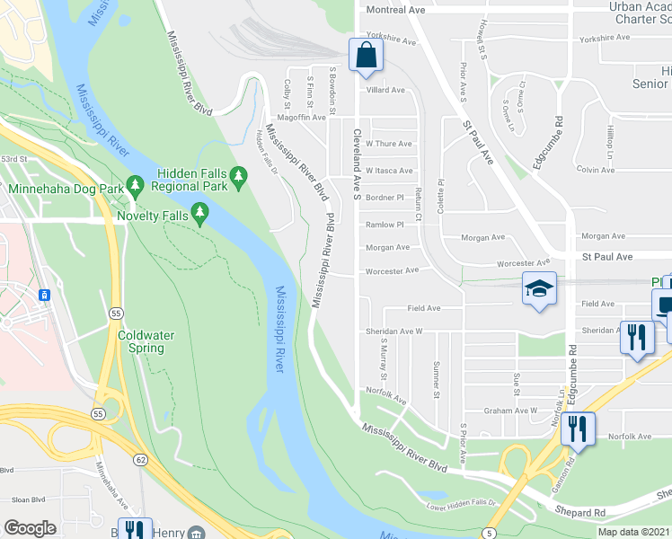 map of restaurants, bars, coffee shops, grocery stores, and more near 1524 South Mississippi River Boulevard in Saint Paul