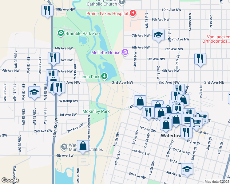 map of restaurants, bars, coffee shops, grocery stores, and more near 600-654 1st Avenue Northwest in Watertown