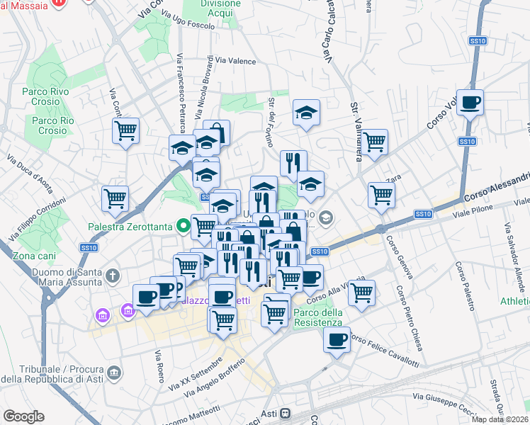 map of restaurants, bars, coffee shops, grocery stores, and more near 42 Via Giuseppe Romita in Asti