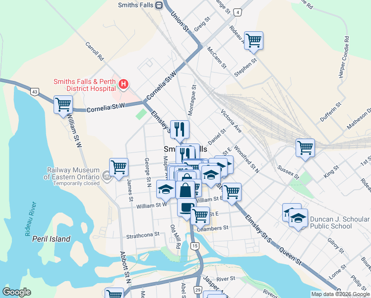map of restaurants, bars, coffee shops, grocery stores, and more near in Smiths Falls
