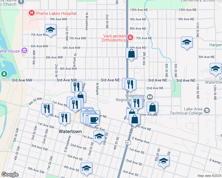 map of restaurants, bars, coffee shops, grocery stores, and more near 218 2nd Avenue Northeast in Watertown