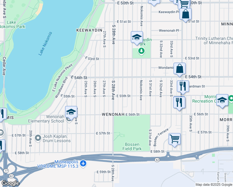 map of restaurants, bars, coffee shops, grocery stores, and more near 5455 South 28th Avenue in Minneapolis