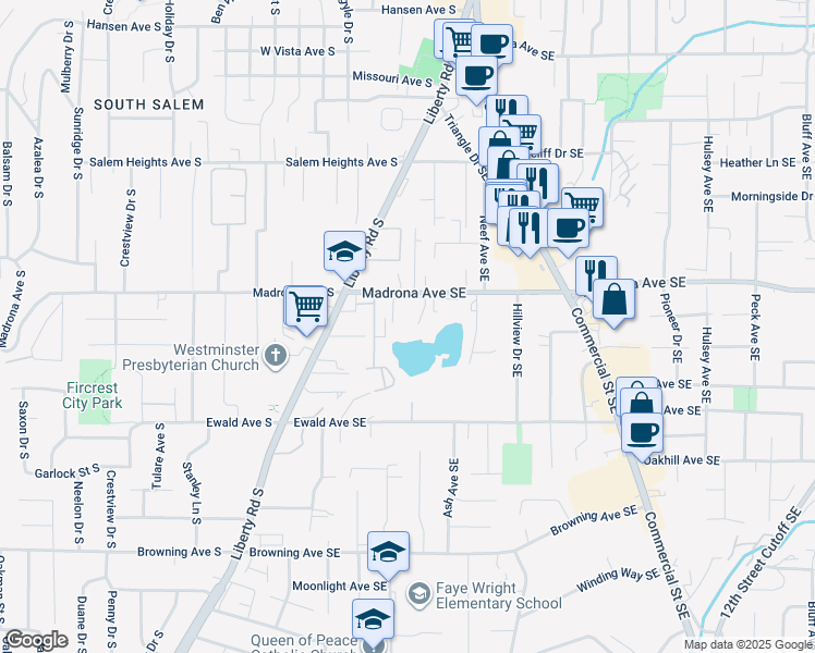 map of restaurants, bars, coffee shops, grocery stores, and more near 332 Woodbridge Court Southeast in Salem
