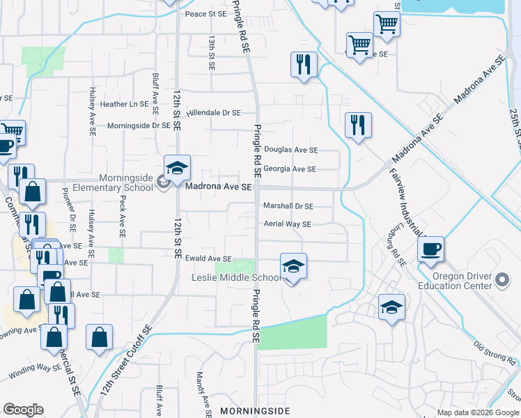 map of restaurants, bars, coffee shops, grocery stores, and more near 1435 Marshall Drive Southeast in Salem