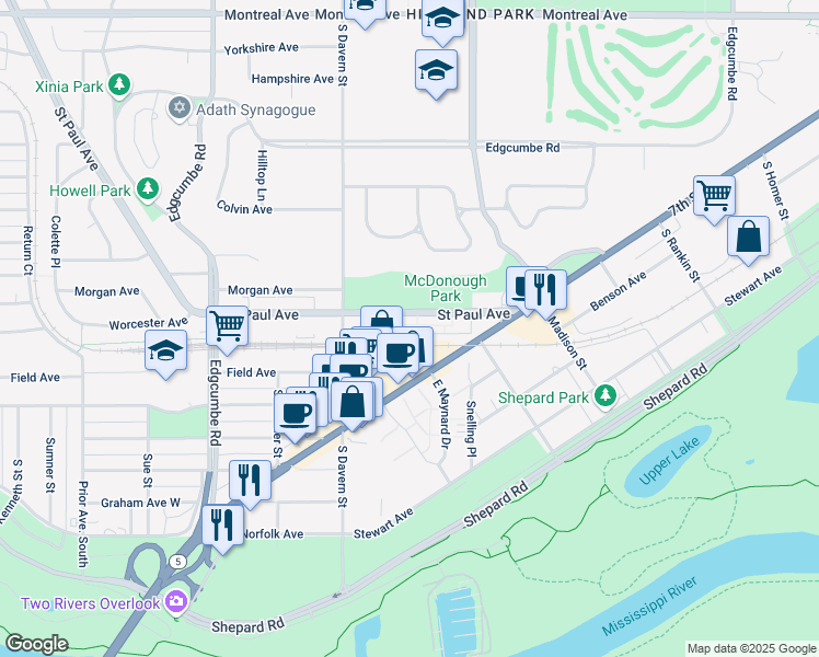 map of restaurants, bars, coffee shops, grocery stores, and more near 1517 Saint Paul Avenue in Saint Paul