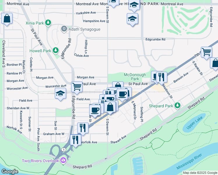 map of restaurants, bars, coffee shops, grocery stores, and more near 1264 South Davern Street in Saint Paul