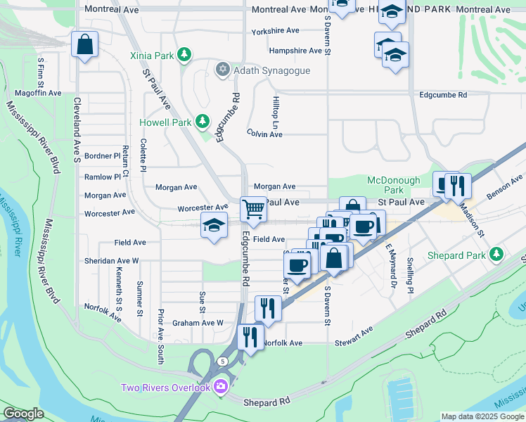 map of restaurants, bars, coffee shops, grocery stores, and more near 1329 Saint Paul Avenue in Saint Paul