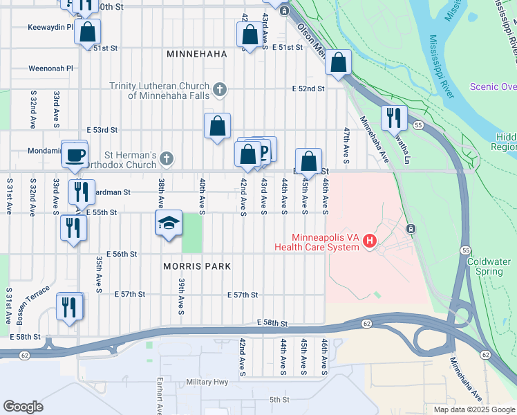 map of restaurants, bars, coffee shops, grocery stores, and more near 5446 43rd Avenue South in Minneapolis