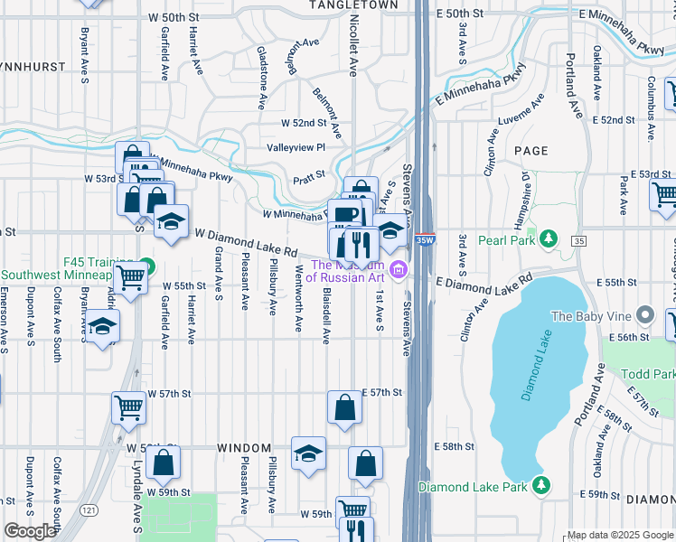 map of restaurants, bars, coffee shops, grocery stores, and more near 25 West Diamond Lake Road in Minneapolis