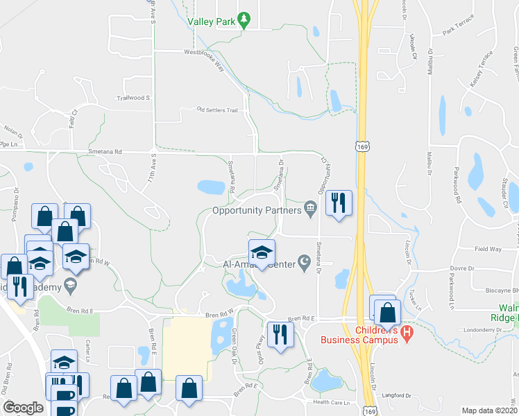 map of restaurants, bars, coffee shops, grocery stores, and more near 5607 Green Circle Drive in Hopkins