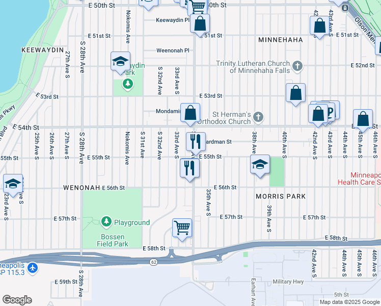map of restaurants, bars, coffee shops, grocery stores, and more near 5450 South 34th Avenue in Minneapolis