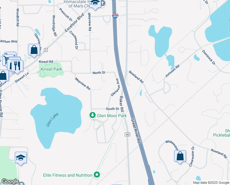 map of restaurants, bars, coffee shops, grocery stores, and more near Glenavon Avenue in Minnetonka