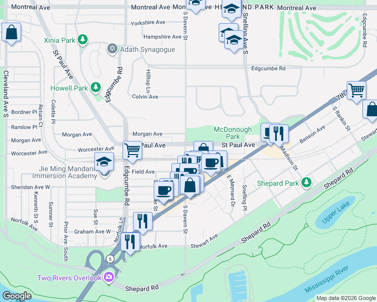 map of restaurants, bars, coffee shops, grocery stores, and more near 1264 South Davern Street in Saint Paul