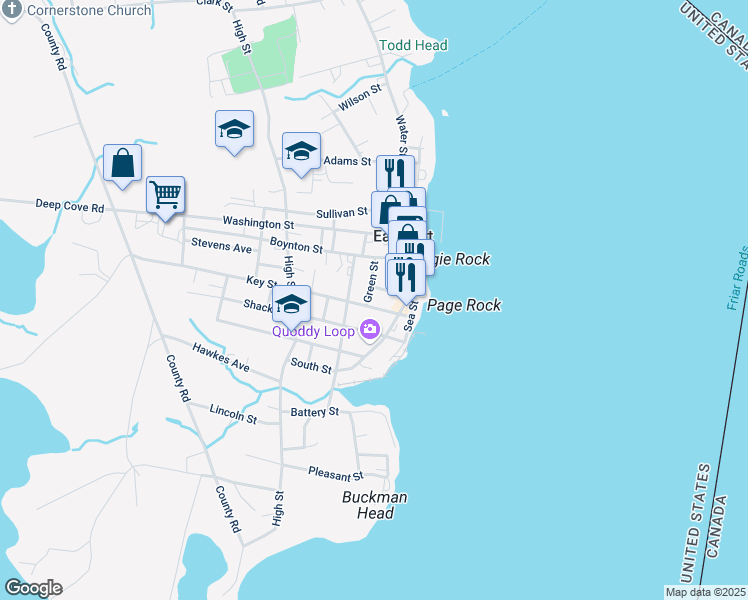 map of restaurants, bars, coffee shops, grocery stores, and more near 9 Dana Street in Eastport