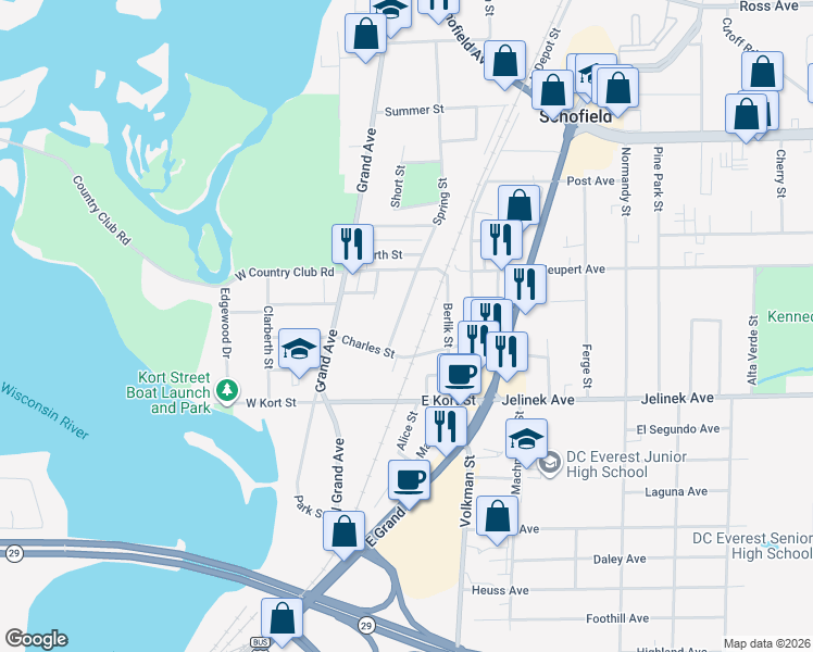 map of restaurants, bars, coffee shops, grocery stores, and more near 1913 Spring St in Schofield