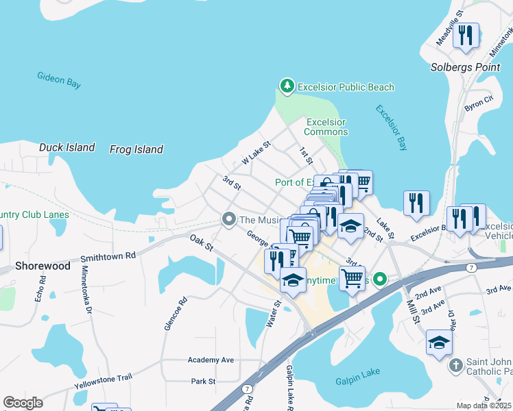 map of restaurants, bars, coffee shops, grocery stores, and more near 190 3rd Street in Excelsior