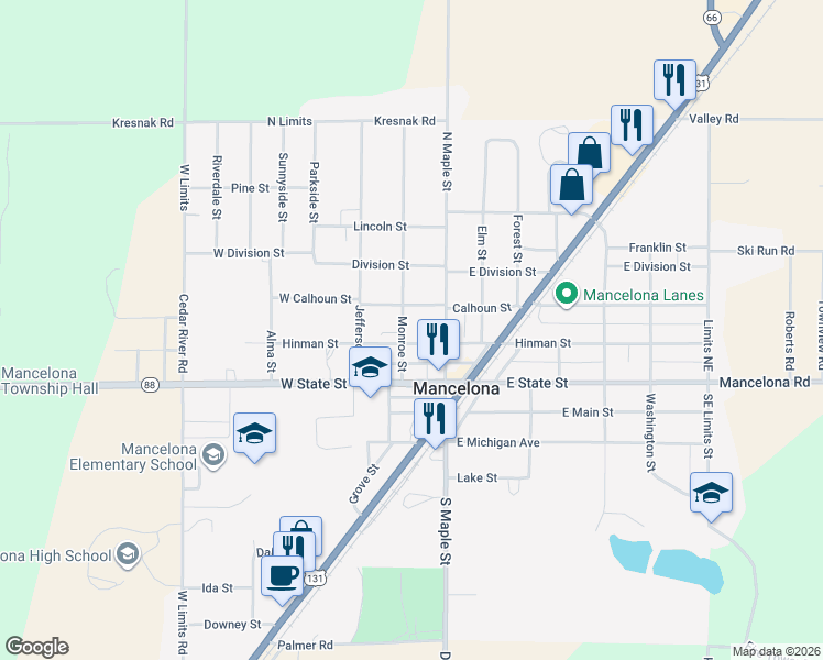 map of restaurants, bars, coffee shops, grocery stores, and more near 207 North Maple Street in Mancelona