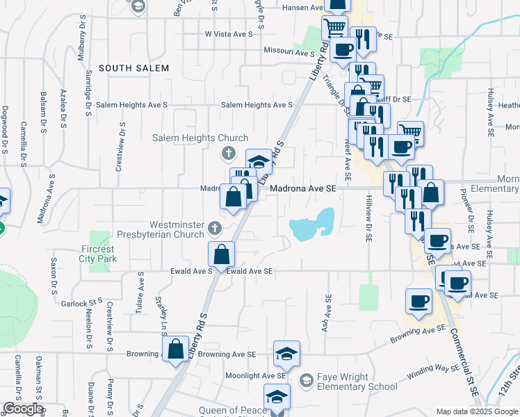 map of restaurants, bars, coffee shops, grocery stores, and more near 3575 Liberty Road South in Salem