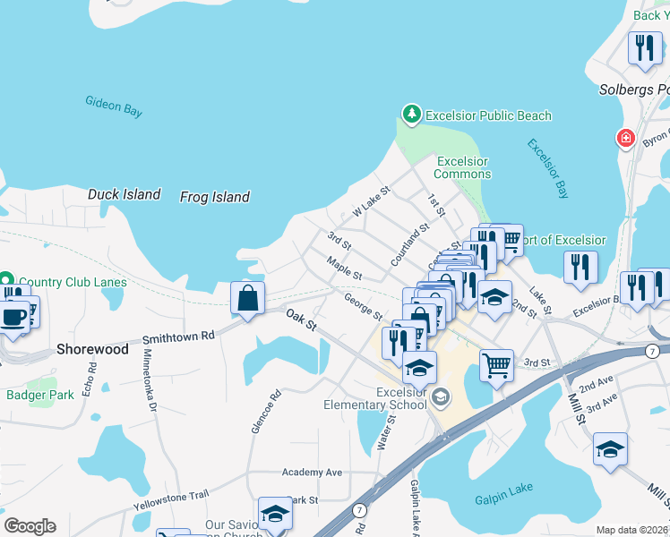 map of restaurants, bars, coffee shops, grocery stores, and more near in Excelsior
