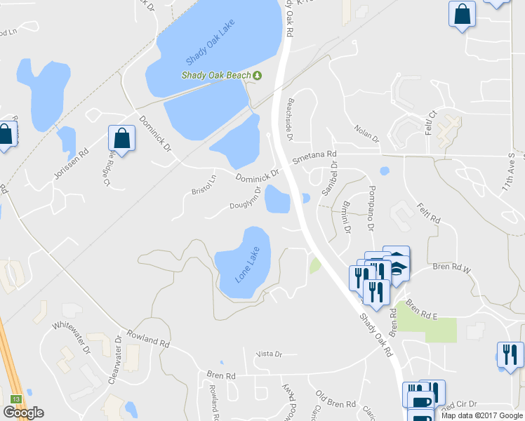 map of restaurants, bars, coffee shops, grocery stores, and more near 11801 Douglynn Drive in Hopkins