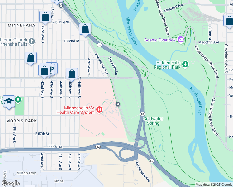 map of restaurants, bars, coffee shops, grocery stores, and more near 5513 Minnehaha Ave in Minneapolis