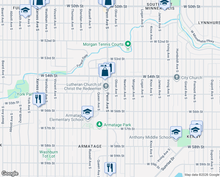 map of restaurants, bars, coffee shops, grocery stores, and more near 5430 Penn Avenue South in Minneapolis