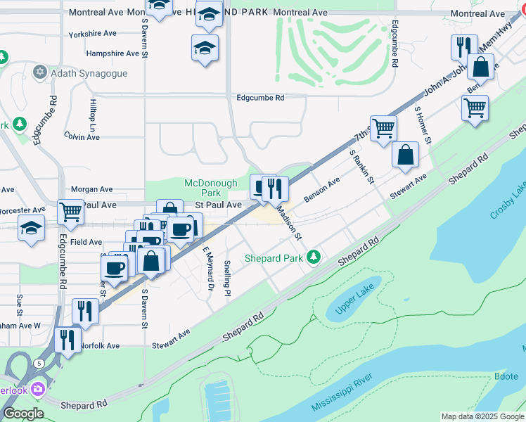 map of restaurants, bars, coffee shops, grocery stores, and more near 2340 7th Street West in Saint Paul