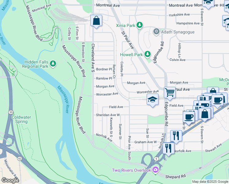 map of restaurants, bars, coffee shops, grocery stores, and more near 1993 Worcester Avenue in Saint Paul