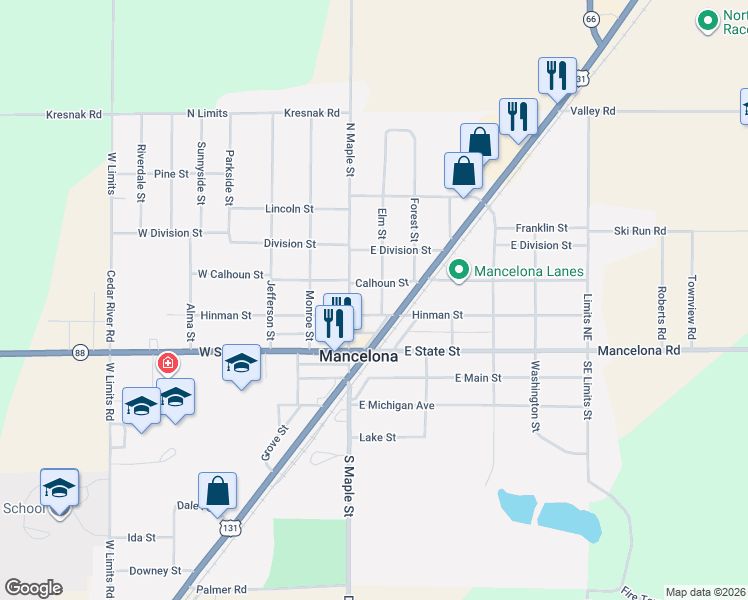 map of restaurants, bars, coffee shops, grocery stores, and more near 203 Elm Street in Mancelona