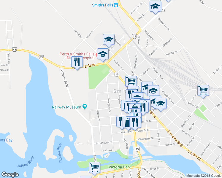 map of restaurants, bars, coffee shops, grocery stores, and more near 22 Glen Avenue in Smiths Falls