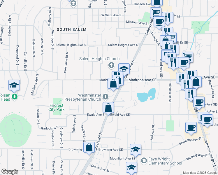 map of restaurants, bars, coffee shops, grocery stores, and more near 3580 Belle Vista Court South in Salem