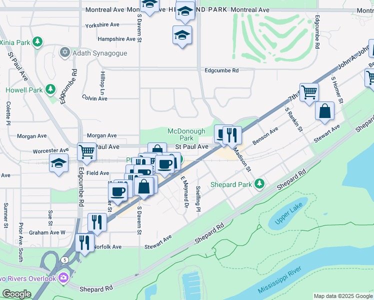 map of restaurants, bars, coffee shops, grocery stores, and more near 1527 Saint Paul Avenue in Saint Paul