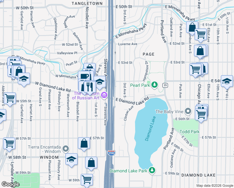 map of restaurants, bars, coffee shops, grocery stores, and more near 5433 2nd Avenue South in Minneapolis