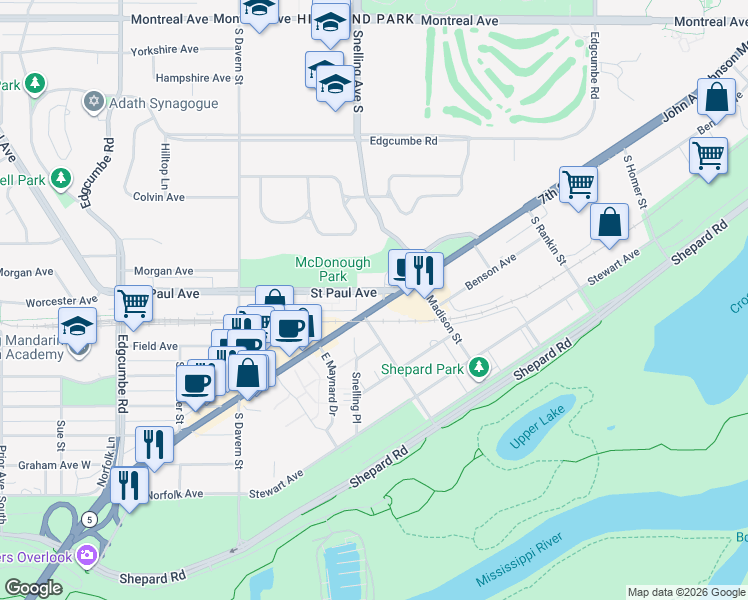 map of restaurants, bars, coffee shops, grocery stores, and more near 2365 7th Street West in Saint Paul
