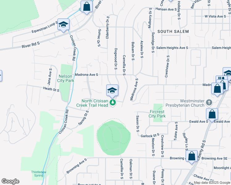 map of restaurants, bars, coffee shops, grocery stores, and more near 3589 Dogwood Drive South in Salem