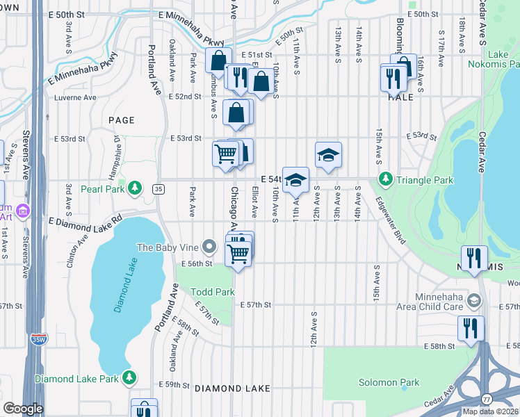map of restaurants, bars, coffee shops, grocery stores, and more near 5437 Elliot Avenue in Minneapolis